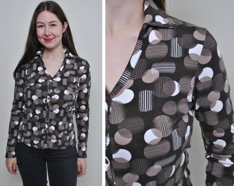 90s abstract print stretchy blouse, vintage gray brown color button up casual blouse for work, Size XS