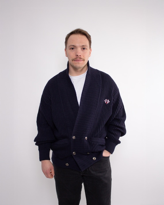 Vintage 90s Double Breasted Knit Sweater Retro Mens Cardigan, Size XL