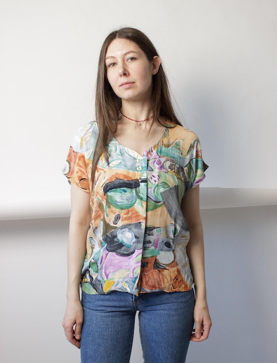 Abstract Art Print Viscose Blouse 90s Vintage Painterly Expressionist Cap Sleeve Top Size S
