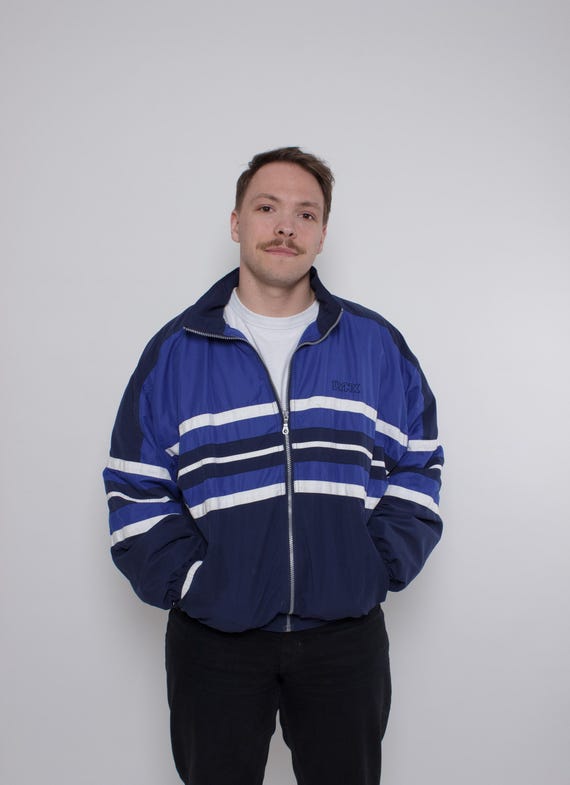 Vintage 90s Blue White Track Jacket, Retro Sportswear Zip Up XL