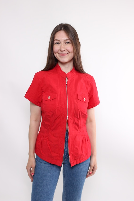 Y2k Red Zip Front Top Vintage Utility Style Cinched Waist Cotton Size M