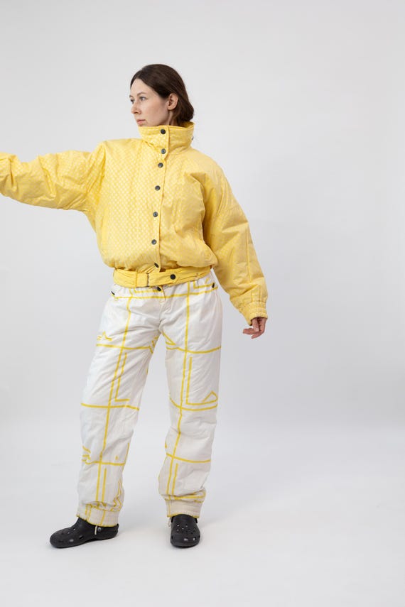 80s Two Tone Yellow White Ski Suit Graphic Print Belted Snowsuit L