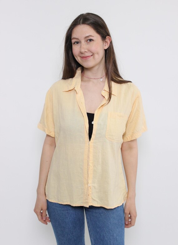 Vintage Butter Linen Cap Sleeve Shirt, 90s Coastal Minimal Top