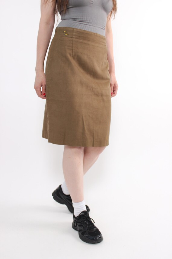 90s Brown Suede Look Midi Skirt Vintage Floral Embroidery Straight Size M