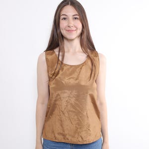 80s brown silk top, vintage sleeveless blouse in shiny raw silk fabric, Size L