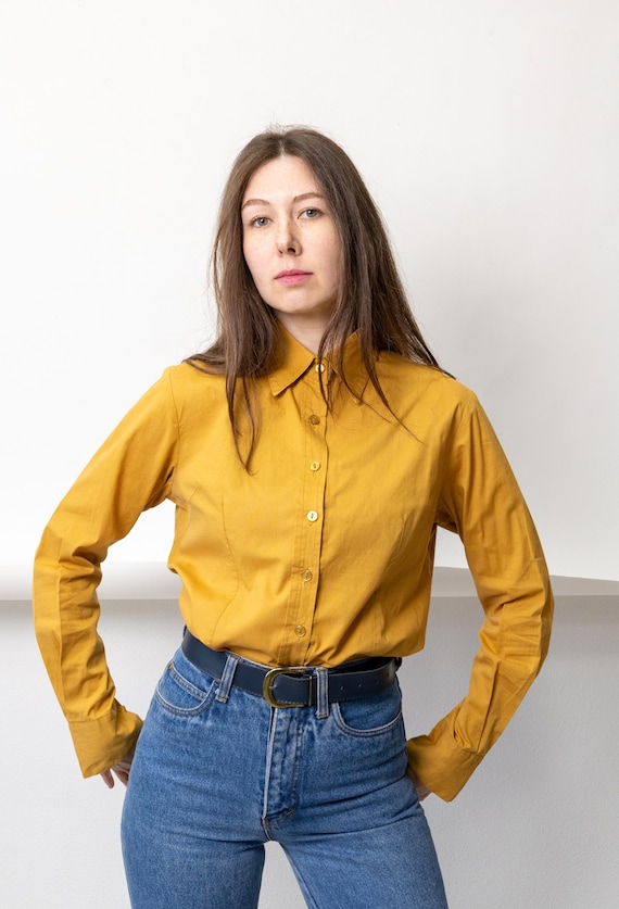 90s Minimalist Button Front Blouse Vintage Yellow Fitted Cotton Shirt Size L