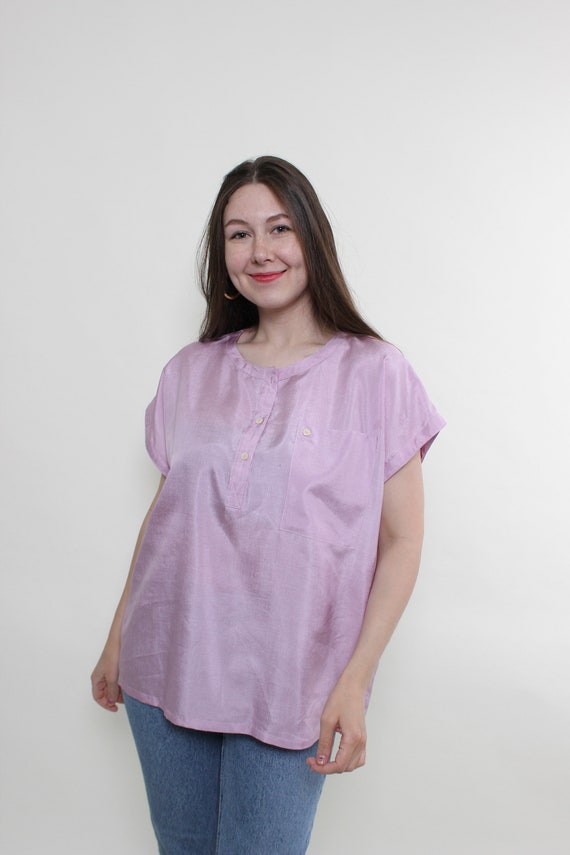 Vintage 90s Pink Pullover Blouse: Minimalist Pocket Top, Size L