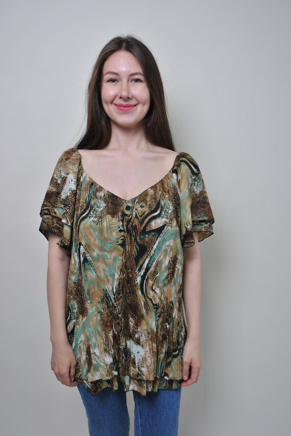 V-neck boho blouse, ribbed summer top LARGE size vintage relaxed colorful shirt, Size L