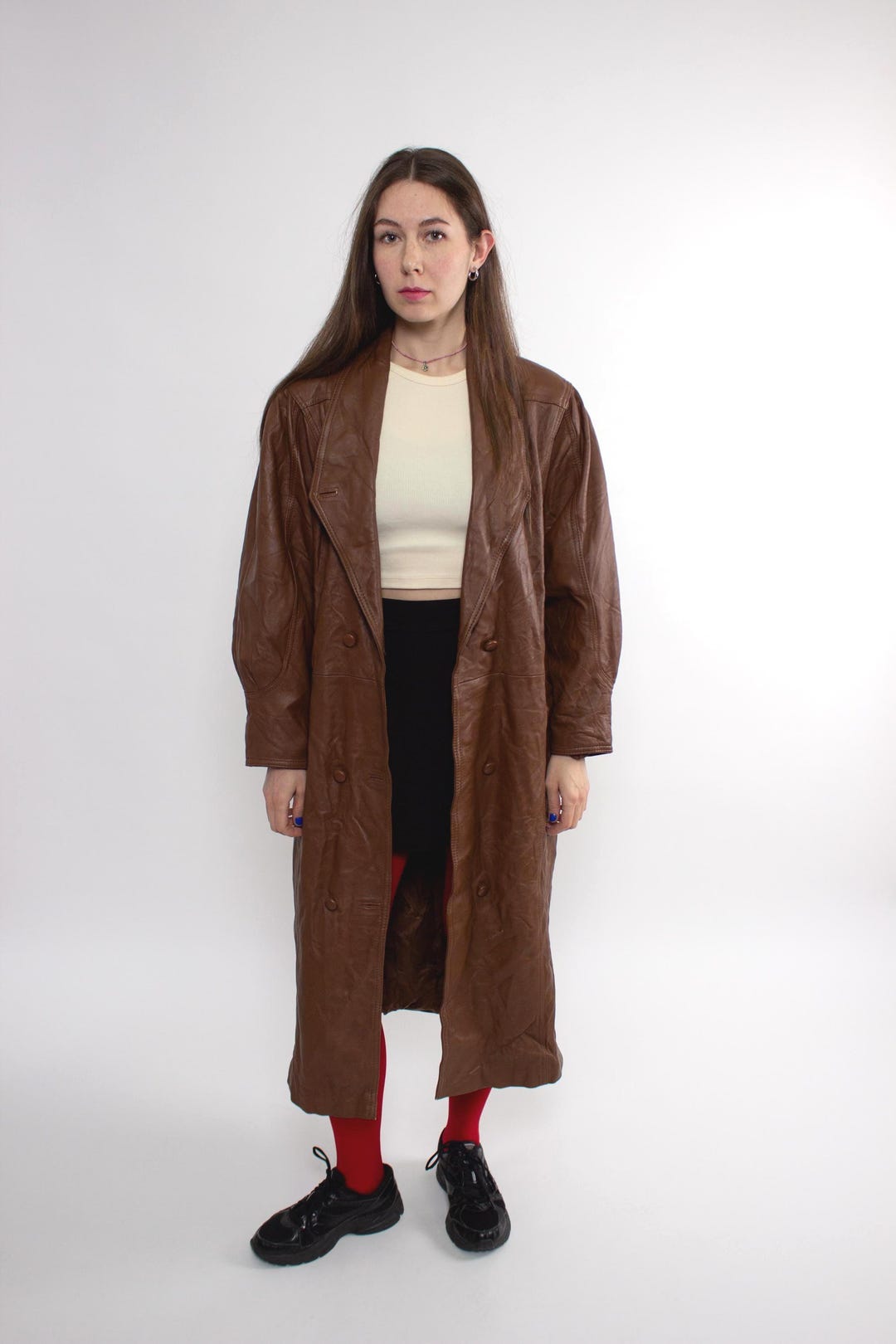 ジャケット・アウター 90s Archive Designed Super Long Coat 90s Brown Leather Trench Coat Vintage Long Oversized Double