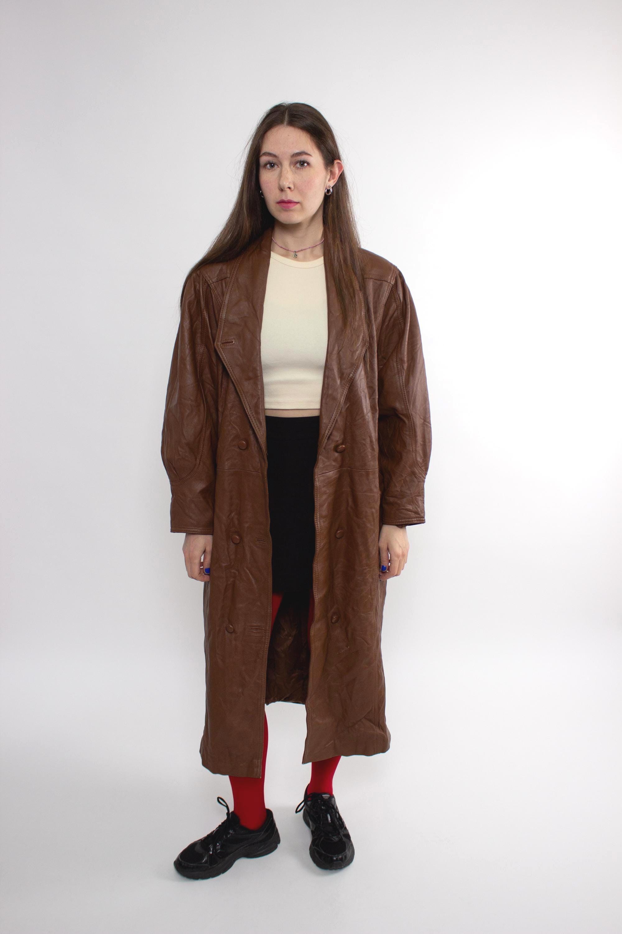 90s Brown Leather Trench Coat Vintage Long Oversized Double
