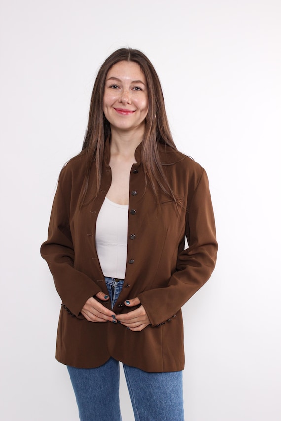 Vintage 90s Brown Blazer: Military Style Suit Jacket, Size L