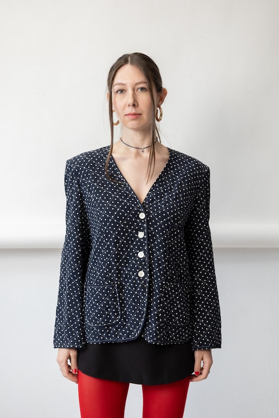 90s Navy Heart Print Quilted Jacket Vintage Cottagecore Collarless Blazer Size M