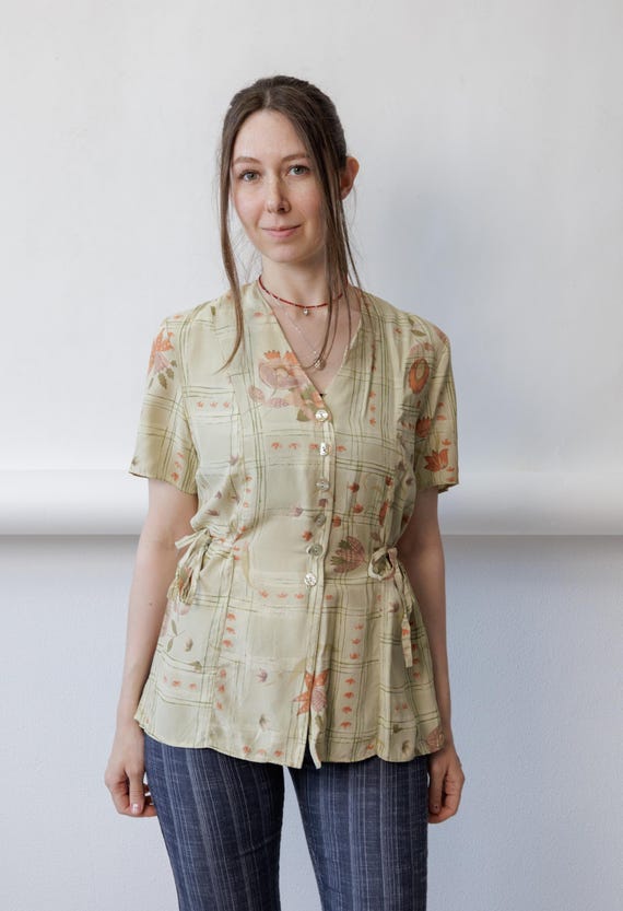 90s Sage Botanical Blouse Vintage Waist Tie Shell Button Longline Top Size S