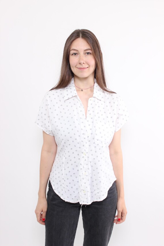White Ditsy Print Short Sleeve Viscose Button Up Blouse Size M