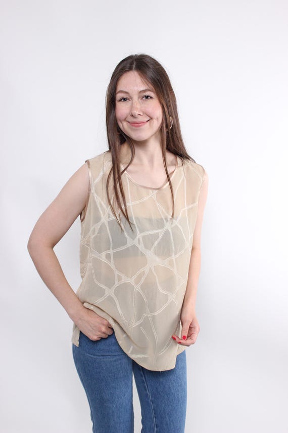 Sheer Beige Devore Tank Top with Raised Web Pattern, 90s Quiet Luxury Blouse, M
