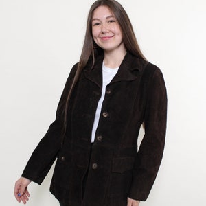 Vintage 80s leather blazer, women retro brown button light trench jacket, Size XL