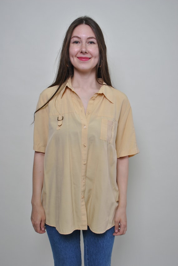 90s minimalist blouse in beige, vintage loose fit summer button front blouse, Size L