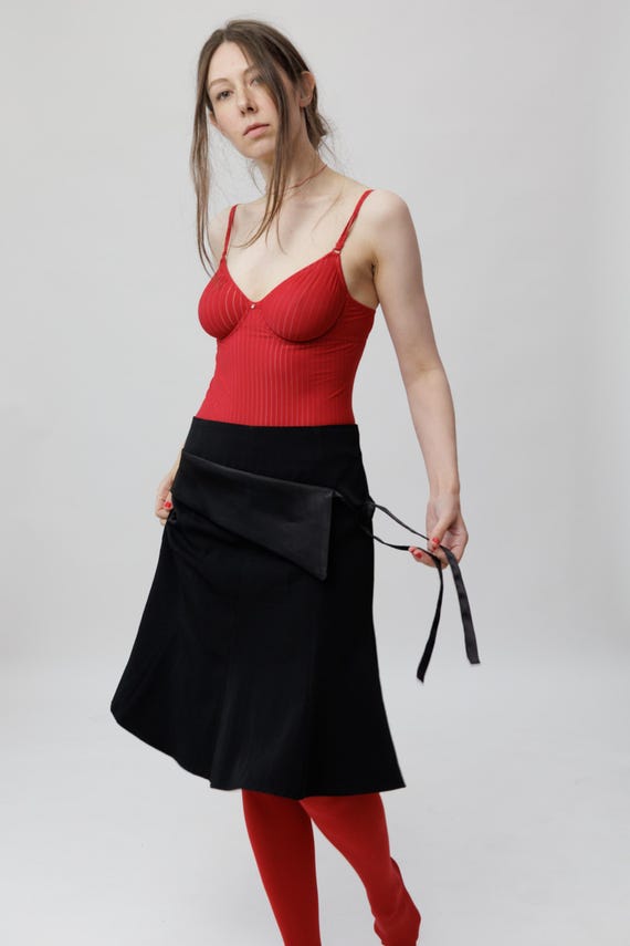 Vintage Black Wrap Tie Waist A-Line Midi Skirt Size M