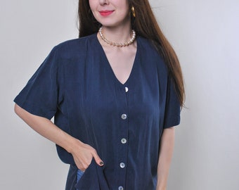 Vintage minimalist blue blouse for work, Size L
