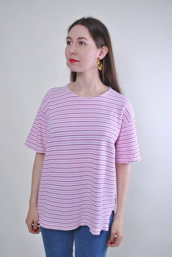 90s pinky striped t-shirt, vintage loose fit minimalist crew neck tee, Size XL