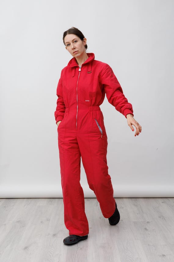 Mossant Red Quilted Vintage Ski Suit Jumpsuit Collar Strap Wide Leg Size M