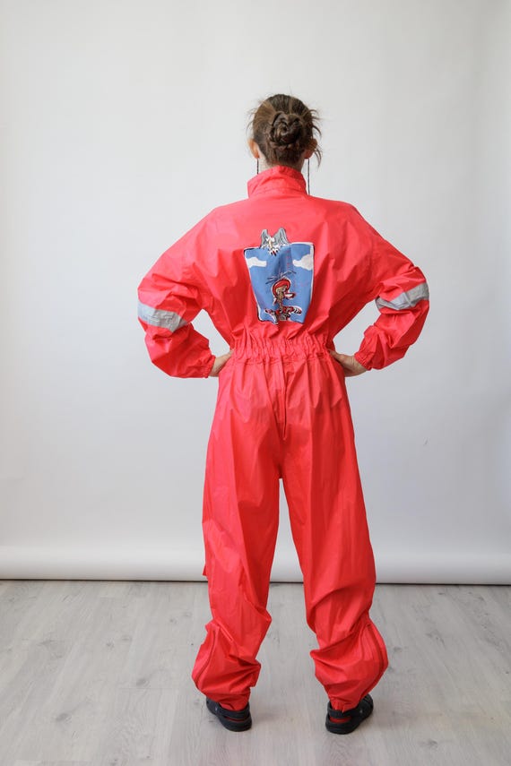 90s Uvex Red Vintage Ski Overall Waterproof Rain Suit Cartoon Back Print Size M