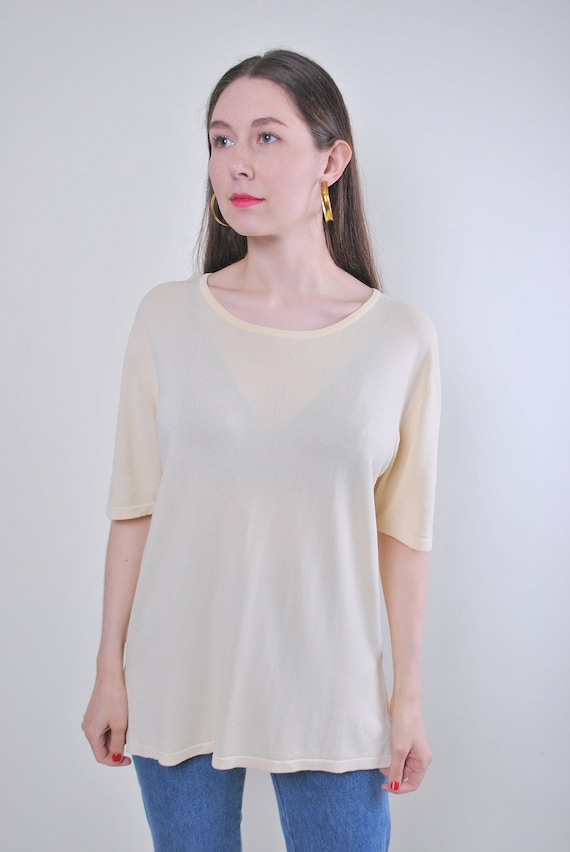 Vintage 90s Viscose Tee, Beige Cream Minimalist Blouse, Quiet Luxury Top
