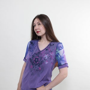 Y2k flowers blouse in purple, vintage 2000s grunge style blouse, Size M