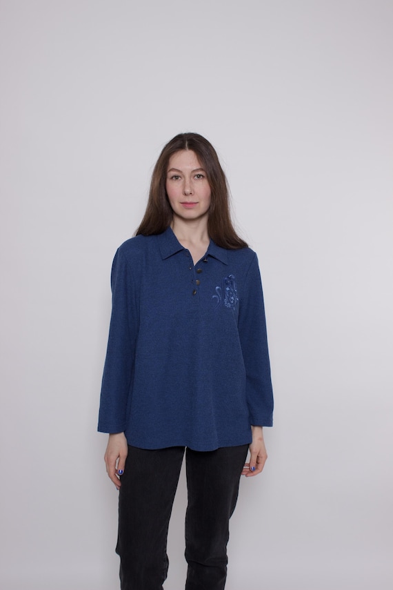 Vintage 90s Blue Embroidered Sweater Women M Knit Pullover Minimalist Floral Sweater
