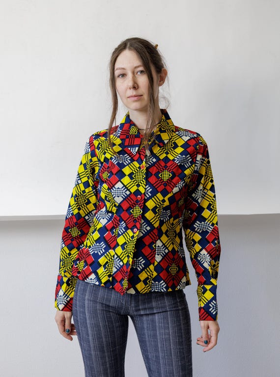 90s Geometric Color Block Print Blouse Red Orange Art Print Button Up M