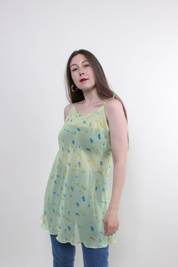 90s flowers sheer blouse in green, vintage transparent floral tunic, Size M