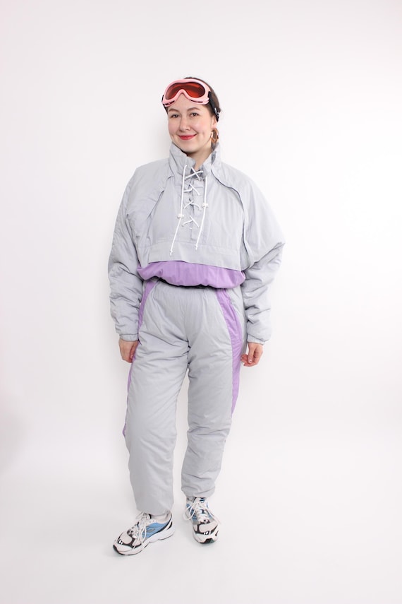90s One Piece Ski Suit, Vintage Women’s Grey Purple Snowsuit, Size M
