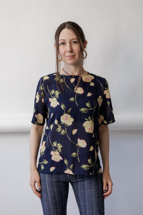 90s Navy Rose Print Blouse Vintage Sheer Chiffon Short Sleeve Boxy Top Size S