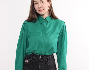 90s green color formal blouse, vintage gold button embroidered collar button up shirt, Size M