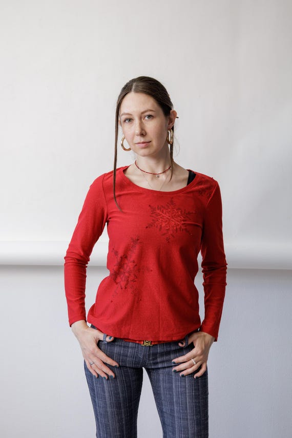 90s Red Snowflake Beaded Sparkle Blouse Vintage Long Sleeve Christmas Top Size M