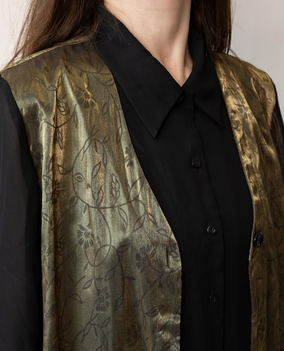 Gold Metallic Floral Vest Blouse 90s Vintage Black Chiffon Top Size M