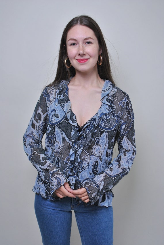 90s abstract print ruffle blouse, vintage paisley pattern deep v-neck ruched blouse, Size L
