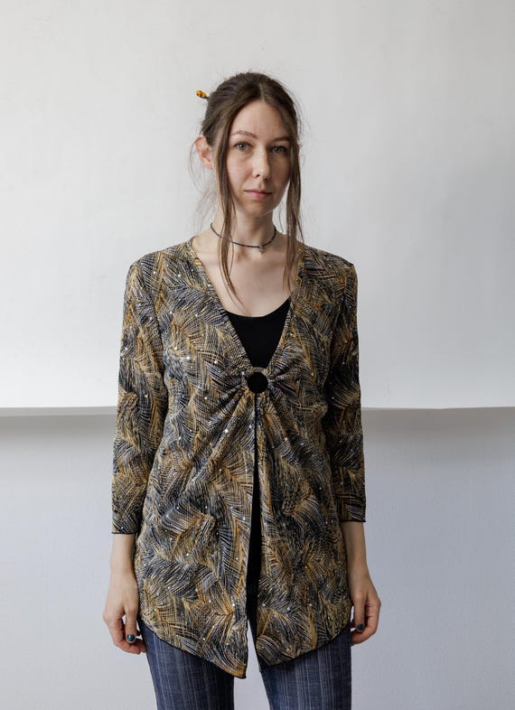 Y2k Sequin Feather Print Top 2000s O Ring Keyhole Gold Black Open Front M