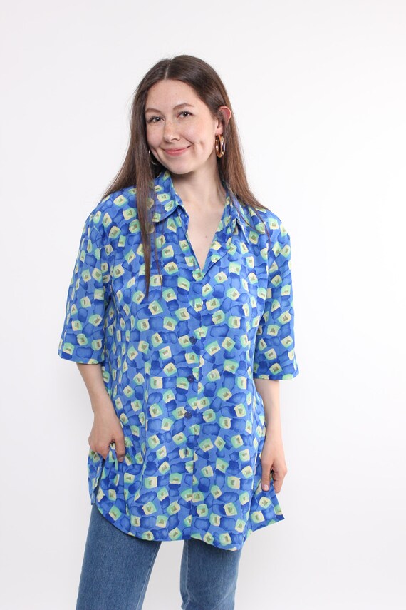 90s cobalt watercolor print tunic shirt, oversized longline blouse with side slits, size L