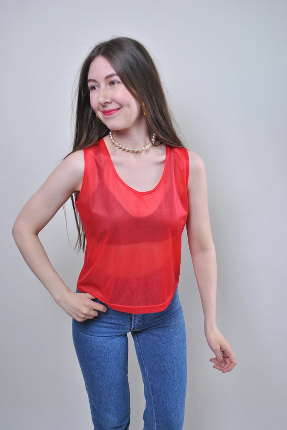 90s Sheer Tank, Red Transparent Top, Vintage Tank Top, Size L 