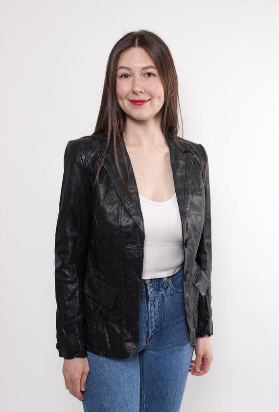 Y2K Black Leather Blazer Vintage Fitted One Button Notched Lapel Tailored Size M