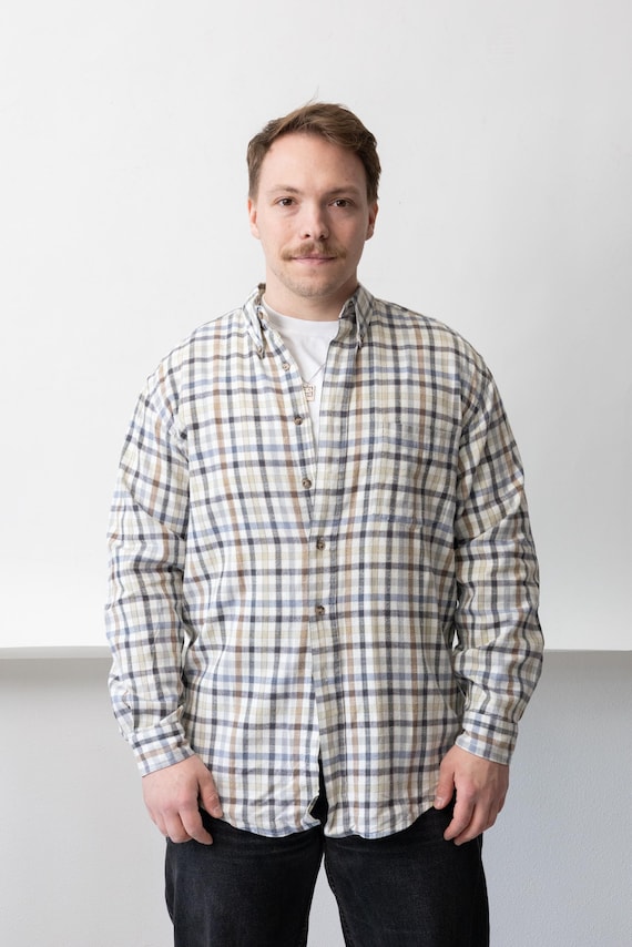 90s Cream Navy Tattersall Check Shirt Vintage Button Down Mens Heritage Size M