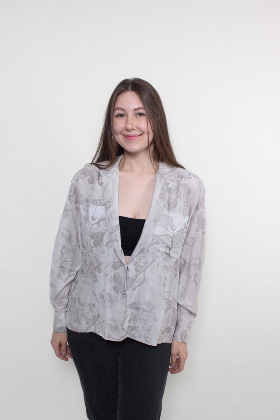 80s abstract print blouse, vintage v-neck printed grey blouse, Size M
