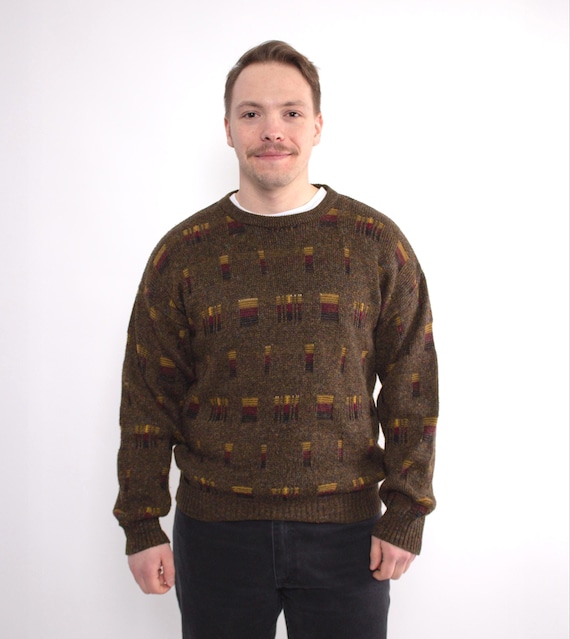 Brown Tweed Geometric Woven Pattern Crewneck Sweater Made in UK Size S
