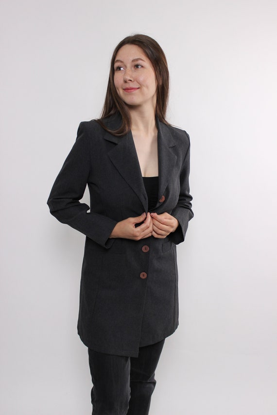 90s minimalist long blazer, vintage v-neck button front suit jacket tin grey, Size M