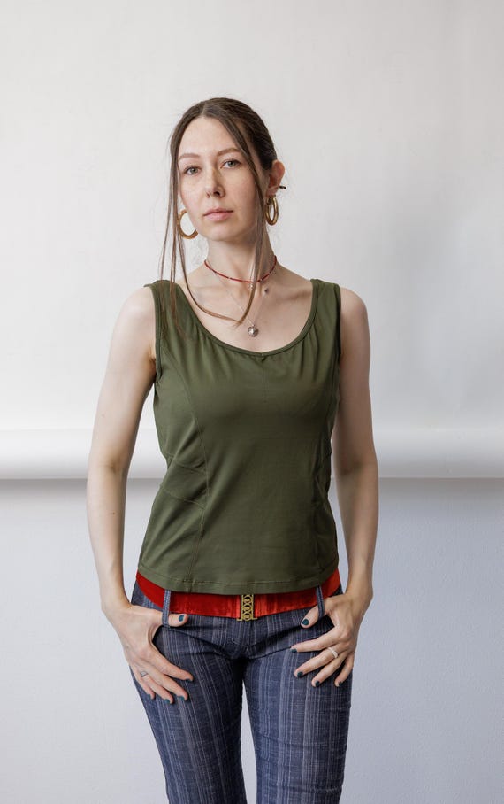 Y2K Olive Green Tank Top Vintage Fitted Panelled Stretch Scoop Neck Size M