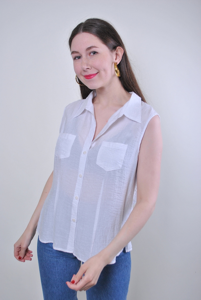 Size M Vintage white transparent sleeveless summer blouse