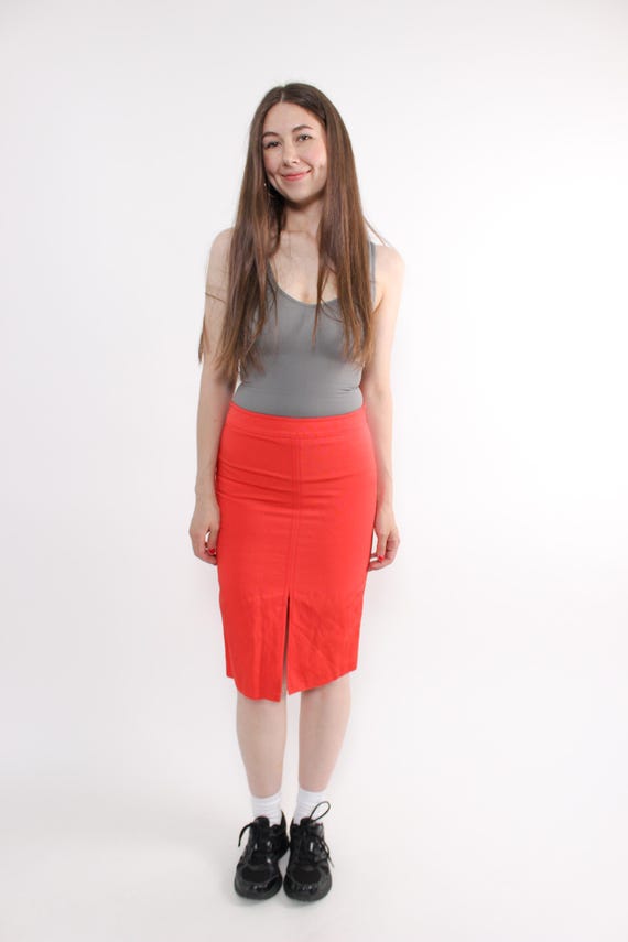 90s Red Pencil Skirt: Vintage Italian Cotton Midi Skirt, Size M