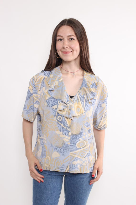 Vintage 90s Abstract Print Blouse, Blue Yellow Ruffle Collar Top, Size M