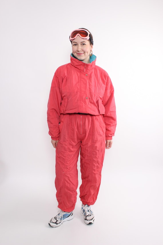 Vintage 90s Red Ski Suit, One Piece Snowsuit, Retro Coral Winter Jumpsuit, Size M/